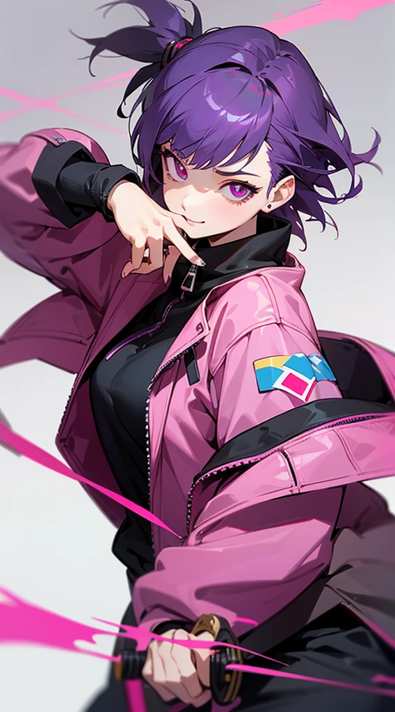 Top Quality, 8K, 4K, High Definition, Detail, (better-quality, 8K, 12), top-quality, 1 girl、only showing her face, she has purple hair, wearing a yellow pin on her right side of her hair, she has her hands together, she looking at you, she is smiling at you, medium breast, her jacket color dark gray with a pink zipper, pink eyes, showing her face and chesat, short hair long as her neck, (only showing half of her body) her jacket is loose. she is wearing earing only right ear shaped has a heart, (she holding katana) katana facing down, (katana is covering half of her face,) Katana blade covering half of her face,
