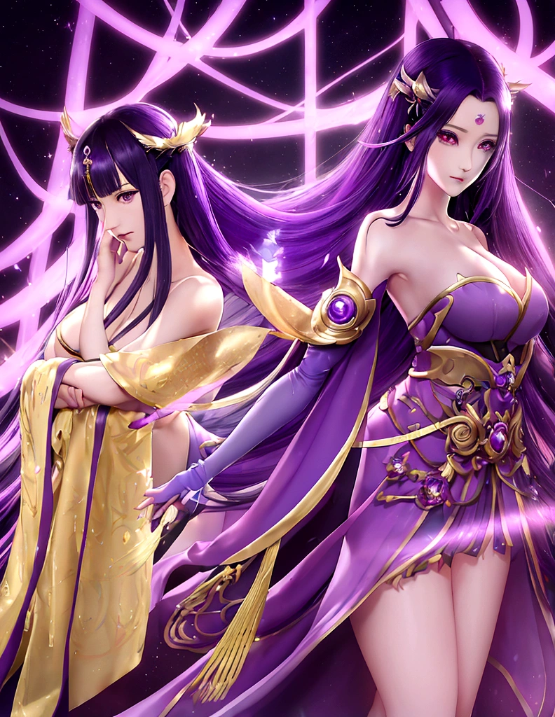 Raikou, parted bangs, purple eyes, purple hair, long hair, hime cut, forehead, inapriestess, strapless dress, single thighhigh, single detached sleeve, black gloves, low wings, halo, extreme muscular body, big breasts, 4 arms, full body.