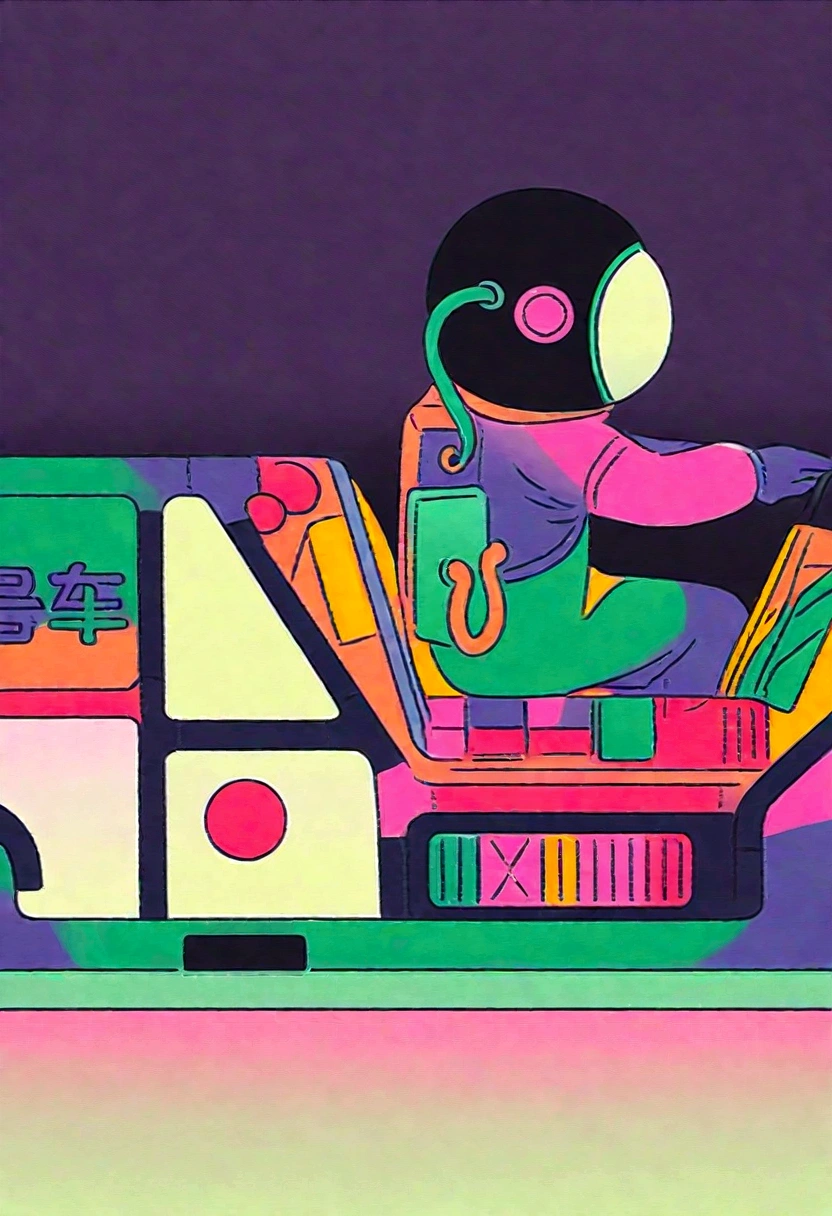 Space car，astronaut，Color patch fill，Cartoon，Vibrant colors，Do not border it