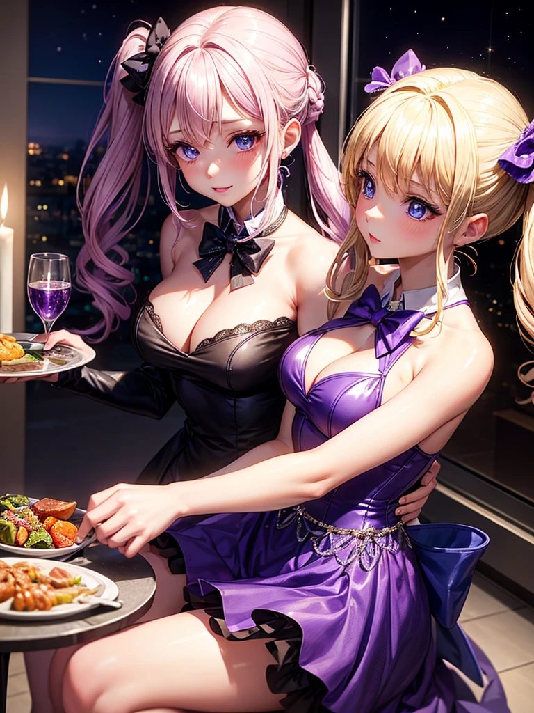 an adult woman, blonde with two pigtails with a purple bow each, purple dress with sparkles and diamonds, short and gala, with an opening in its pirrna, she has blue eyes, is at a late night dinner in a wealthy place
