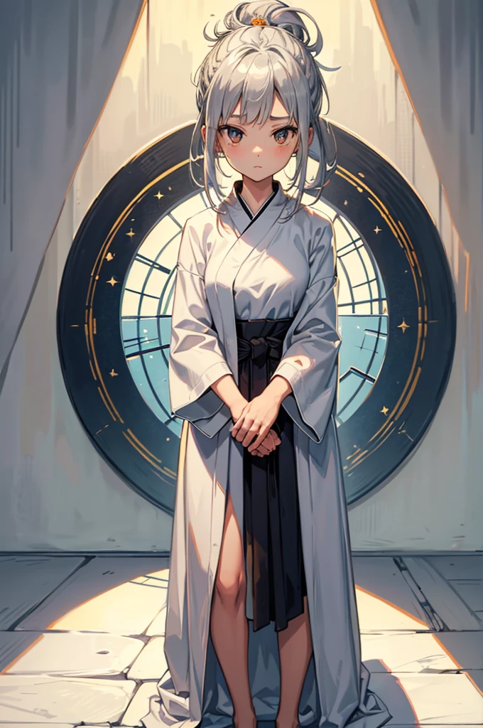 An image of Hana, with silver hair tied in a bun and wearing a simple but elegant robe, standing and using the story to teach others about understanding and compromise, with attentive villagers listening. (masterpiece, hd, best quality, 2d)