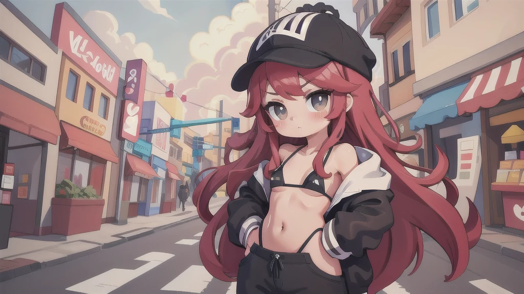 masterpiece,1girl,solo,long hair,bikini, Red hair,hoodie,off shoulder:1.2, mob cap, street,hand on hip, hand in pocket,