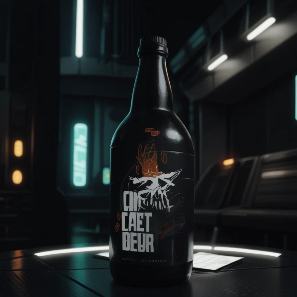 One bottle in the picture.A bottle of cyber beer presented in cyberpunk style, with characteristic elements: smooth, matte coating, decorated with bright neon luminous inserts. Design includes digital pixel patterns and abstract graphic elements, creating the effect of digital disruption and the future of the technological world. The main color of the bottle is deep purple, red, orange or green. This combination gives the product a unique cyberpunk style and modern look..