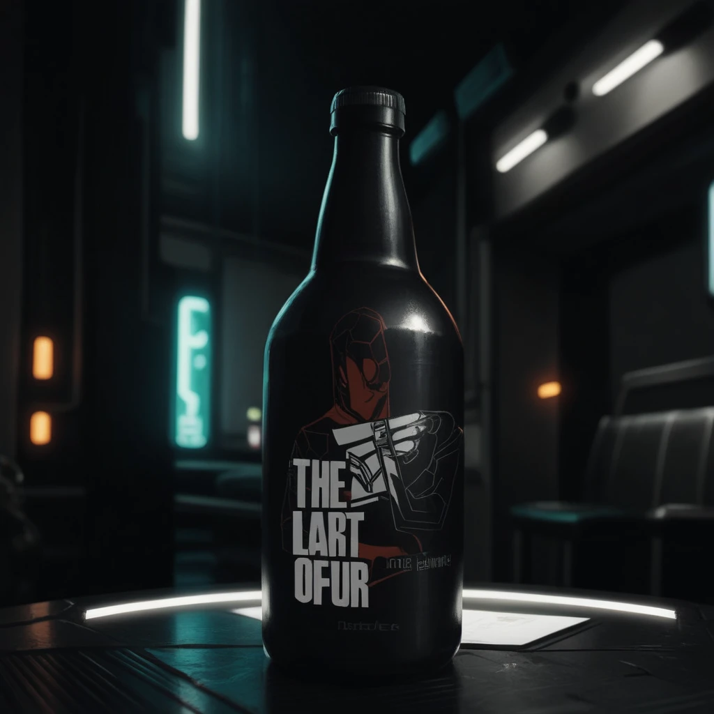 One bottle in the picture.A bottle of cyber beer presented in cyberpunk style, with characteristic elements: smooth, matte coating, decorated with bright neon luminous inserts. Design includes digital pixel patterns and abstract graphic elements, creating the effect of digital disruption and the future of the technological world. The main color of the bottle is deep purple, red, orange or green. This combination gives the product a unique cyberpunk style and modern look..
