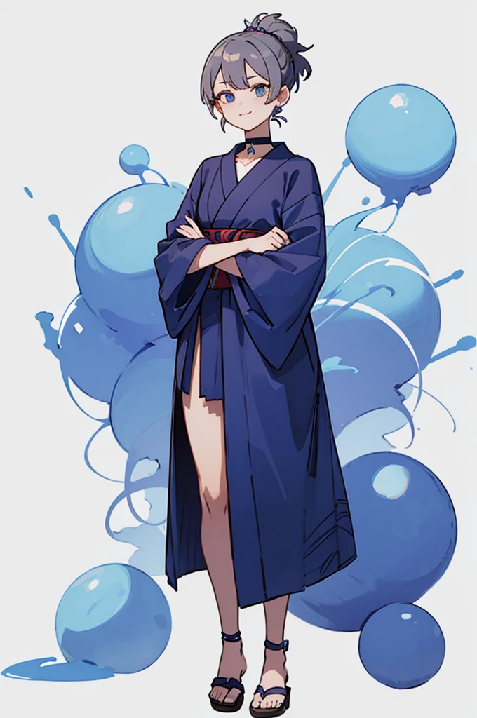 Blue Yukata、Gray Hair、Mischievous face、Choker on neck、Big earrings、Arms crossed、Only the mouth is smiling、Straw sandals、Choker on right leg(whole body、Are standing、、White background)