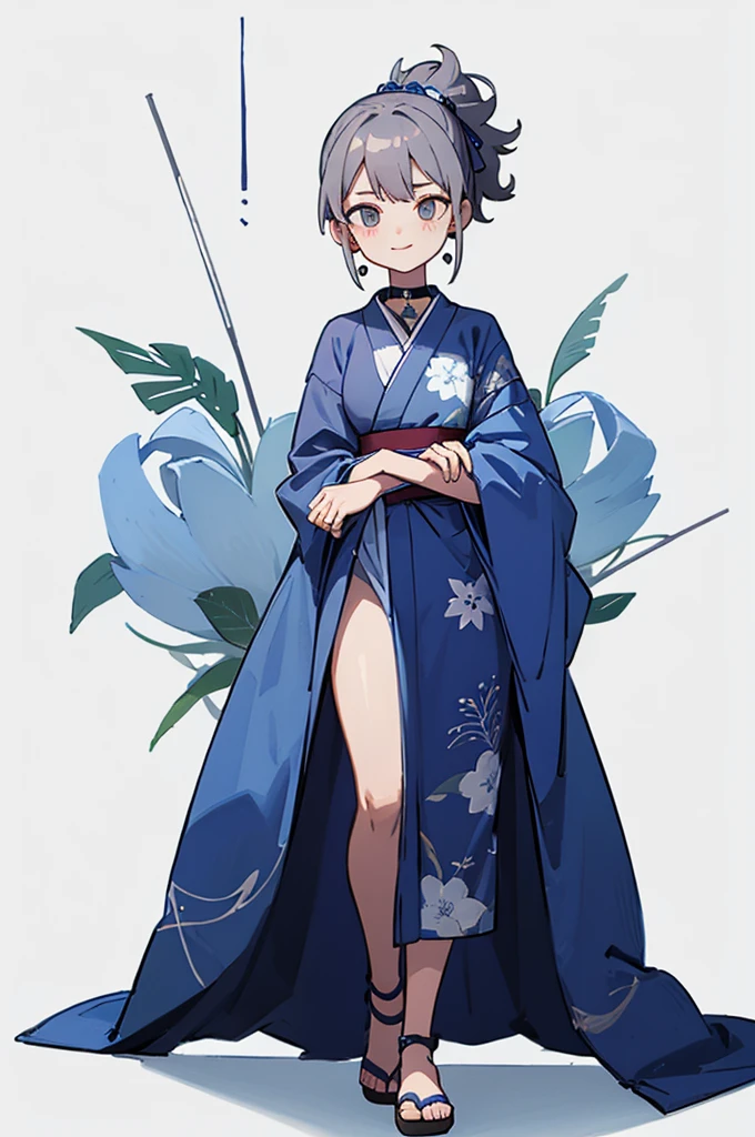 Blue Yukata、Gray Hair、Mischievous face、Choker on neck、Big earrings、Arms crossed、Only the mouth is smiling、Straw sandals、Choker on right leg(whole body、Are standing、、White background)
