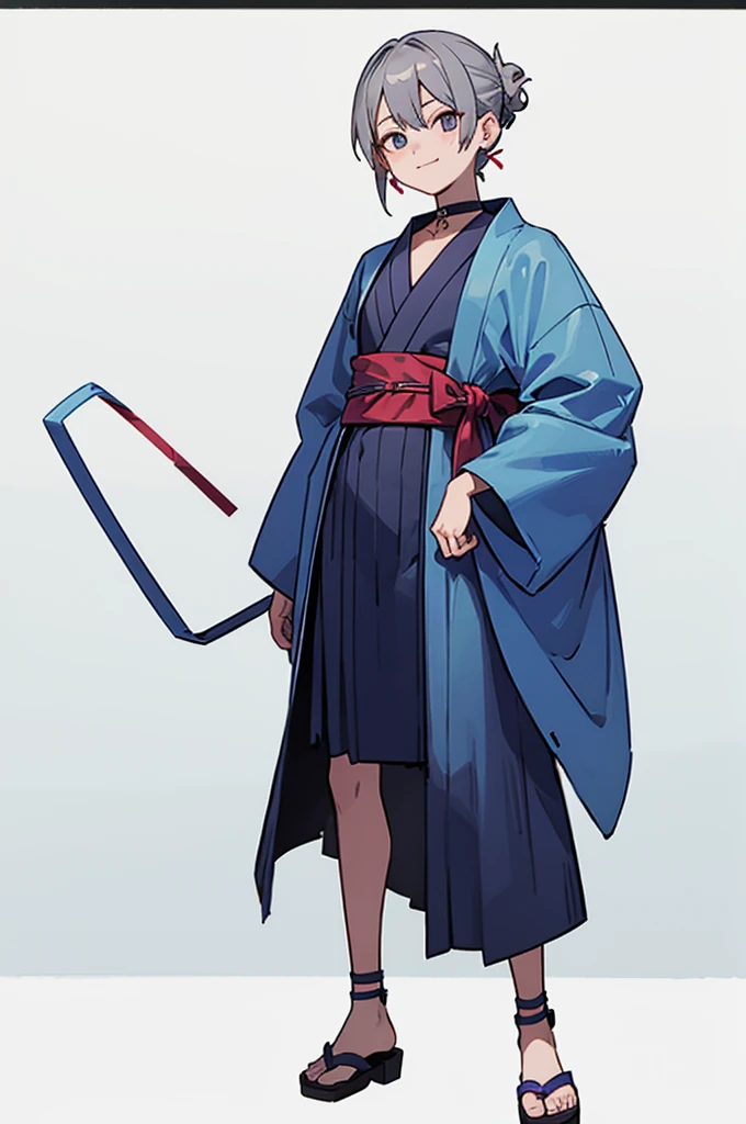 Blue Yukata、Gray Hair、Mischievous face、Choker on neck、Big earrings、Arms crossed、Only the mouth is smiling、Straw sandals、Choker on right leg(whole body、Are standing、、White background)