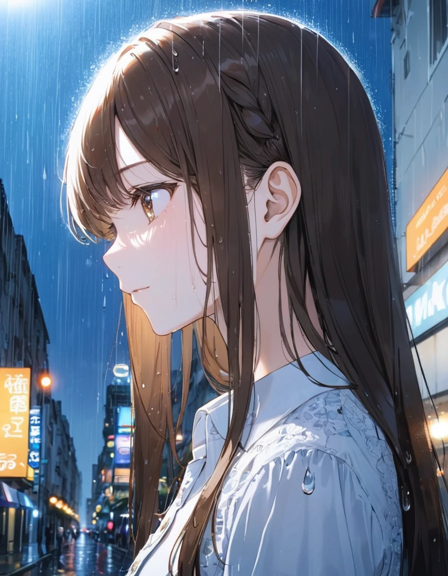 One Girl, profile, Look to the side, Written boundary depth, Long Hair, French Braid, Straight hair, Portraiture, Modern city, blouse, Brown Hair, look up, rain, raindrop, Lens flare, rainの暗い夜空、eyeliner, eye shadow, masterpiece, Highest quality、Close your eyes and let the tears flow