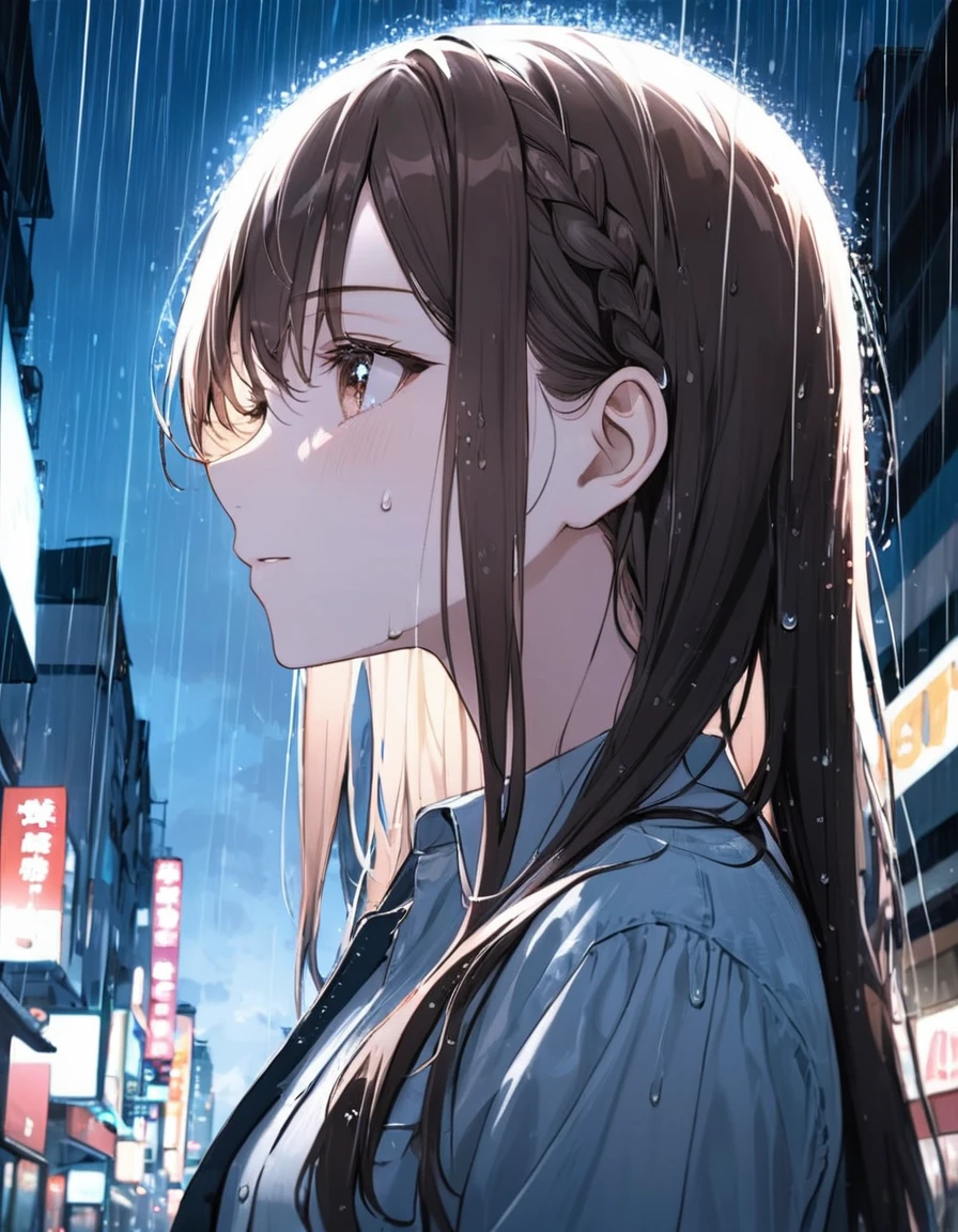 One Girl, profile, Look to the side, Written boundary depth, Long Hair, French Braid, Straight hair, Portraiture, Modern city, blouse, Brown Hair, look up, rain, raindrop, Lens flare, rainの暗い夜空、eyeliner, eye shadow, masterpiece, Highest quality、Close your eyes and let the tears flow