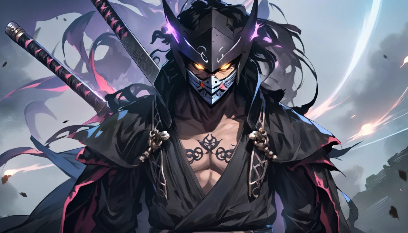 ninja mask, cape,close up, black heavy detailed clothes, katana, art, dark and malevolent, hand sword, armor, powerful and intimidating, (masterpiece, best quality, ultra-detailed, best shadow), (detailed background, dark fantasy) dramatic light, intricate details, dark and malevolent, powerful and intimidating, Dark and foreboding, malevolent force, sinister and chilling, armor, high detailed background, girl in demon slayer art, demon slayer art style, epic anime art, God death