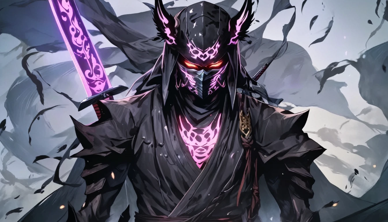 ninja mask, cape,close up, black heavy detailed clothes, katana, art, dark and malevolent, hand sword, armor, powerful and intimidating, (masterpiece, best quality, ultra-detailed, best shadow), (detailed background, dark fantasy) dramatic light, intricate details, dark and malevolent, powerful and intimidating, Dark and foreboding, malevolent force, sinister and chilling, armor, high detailed background, girl in demon slayer art, demon slayer art style, epic anime art, God death