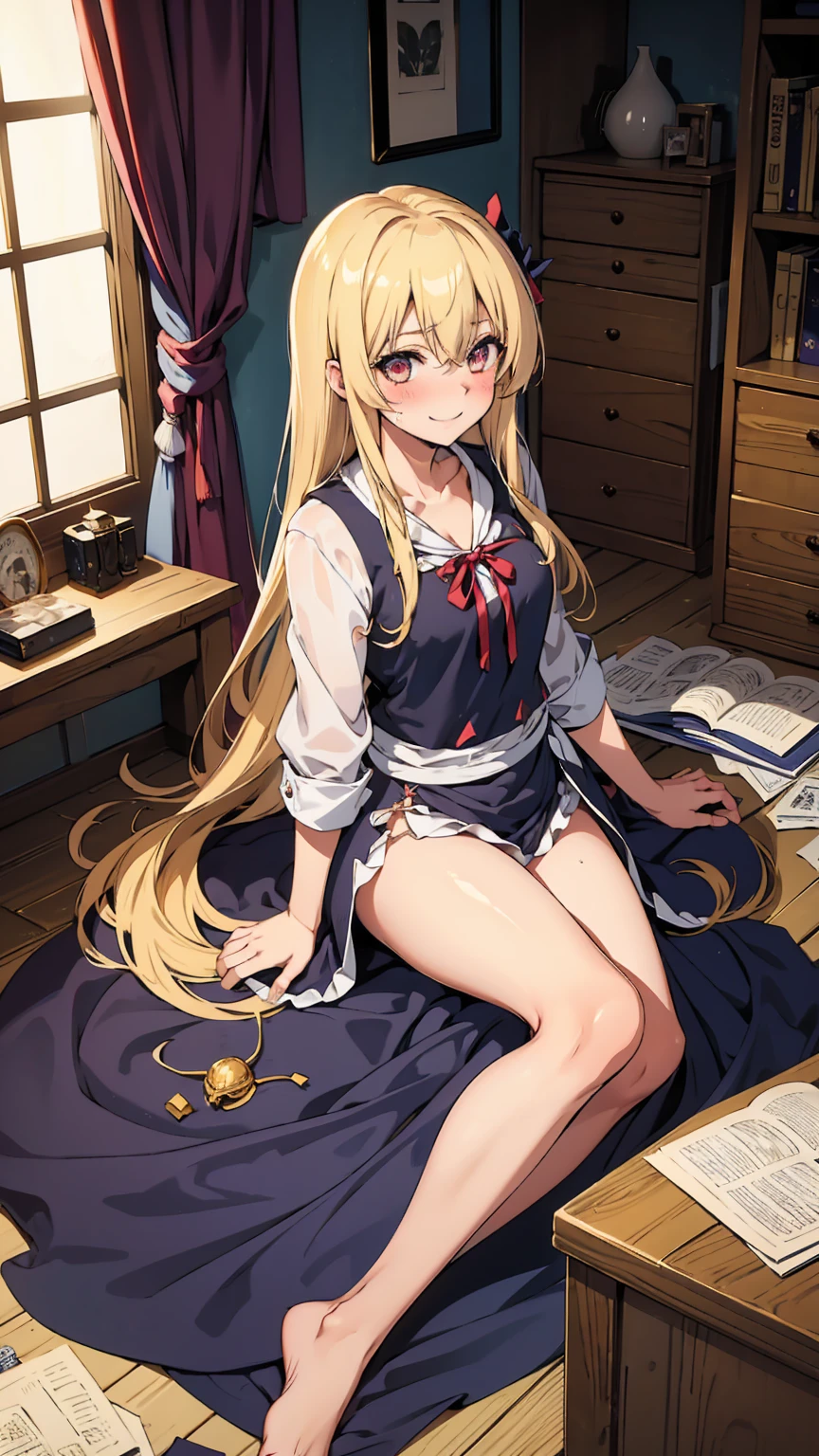 Marisa Kirisame、Messy room、Cute Woman、Blonde、Wizard、Marisa&#39;s Hat、Very thick thighs、smile、Sloppy body、Best image quality、High resolution、masterpiece、super high quality、Thick pubic hair、Orgasm Facial、Stripes々Panties、Stripes々bra、Very big ass、Very large breasts  、Blushing、4K quality、Blushing、Spread your legs wide、Luxurious chair、Wearing black knee socks、Sweaty all over、Heavy breathing、Shaking breasts、上下にShaking breasts、Angle from the feet