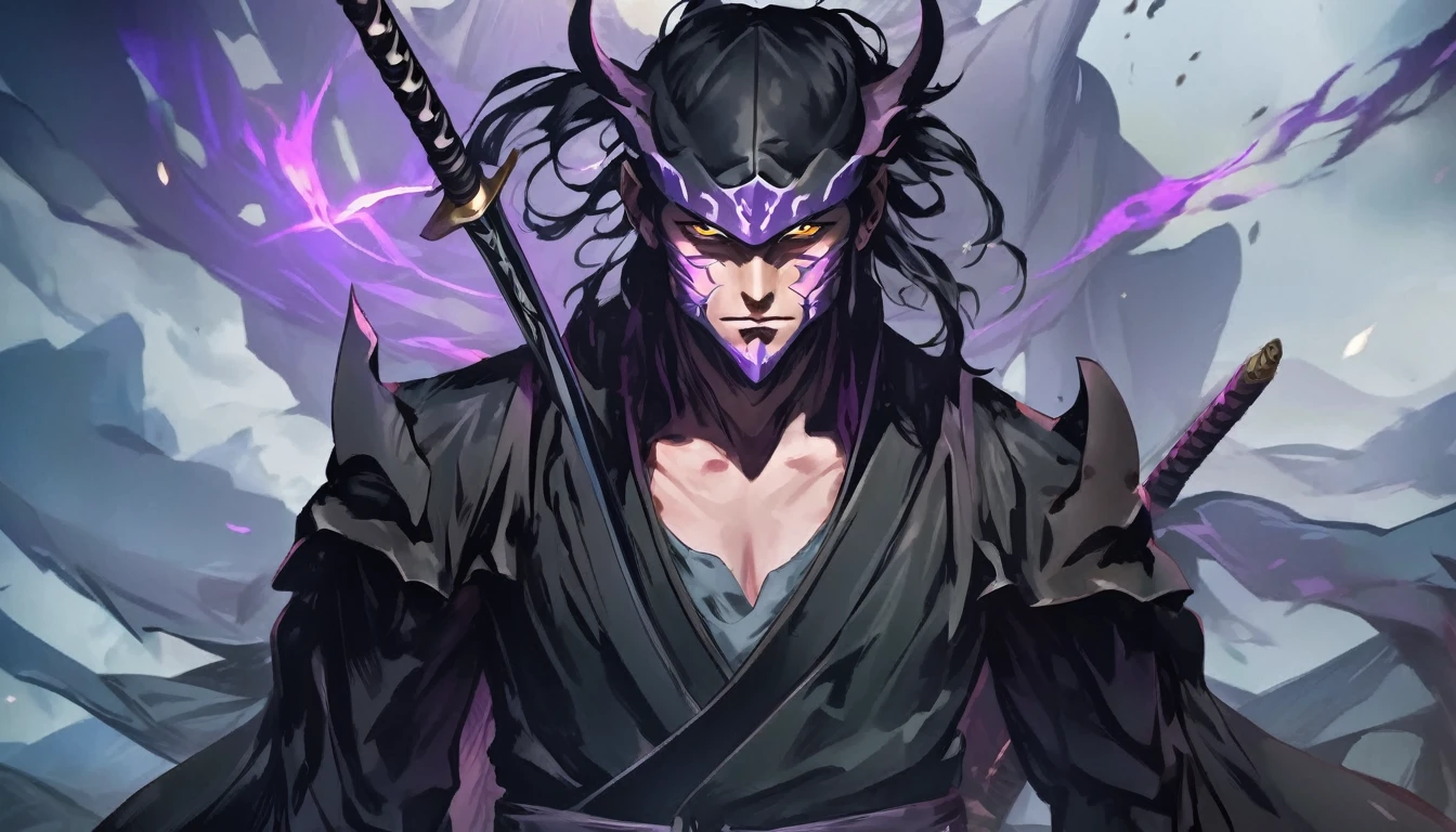 ninja mask, cape,close up, black heavy detailed clothes, katana, art, dark and malevolent, hand sword, armor, powerful and intimidating, (masterpiece, best quality, ultra-detailed, best shadow), (detailed background, dark fantasy) dramatic light, intricate details, dark and malevolent, powerful and intimidating, Dark and foreboding, malevolent force, sinister and chilling, armor, high detailed background, girl in demon slayer art, demon slayer art style, epic anime art, God death