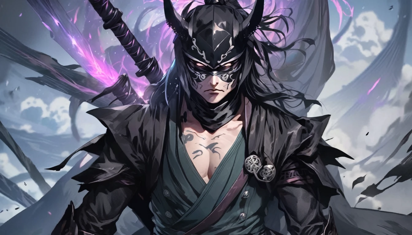ninja mask, cape,close up, black heavy detailed clothes, katana, art, dark and malevolent, hand sword, armor, powerful and intimidating, (masterpiece, best quality, ultra-detailed, best shadow), (detailed background, dark fantasy) dramatic light, intricate details, dark and malevolent, powerful and intimidating, Dark and foreboding, malevolent force, sinister and chilling, armor, high detailed background, girl in demon slayer art, demon slayer art style, epic anime art, God death