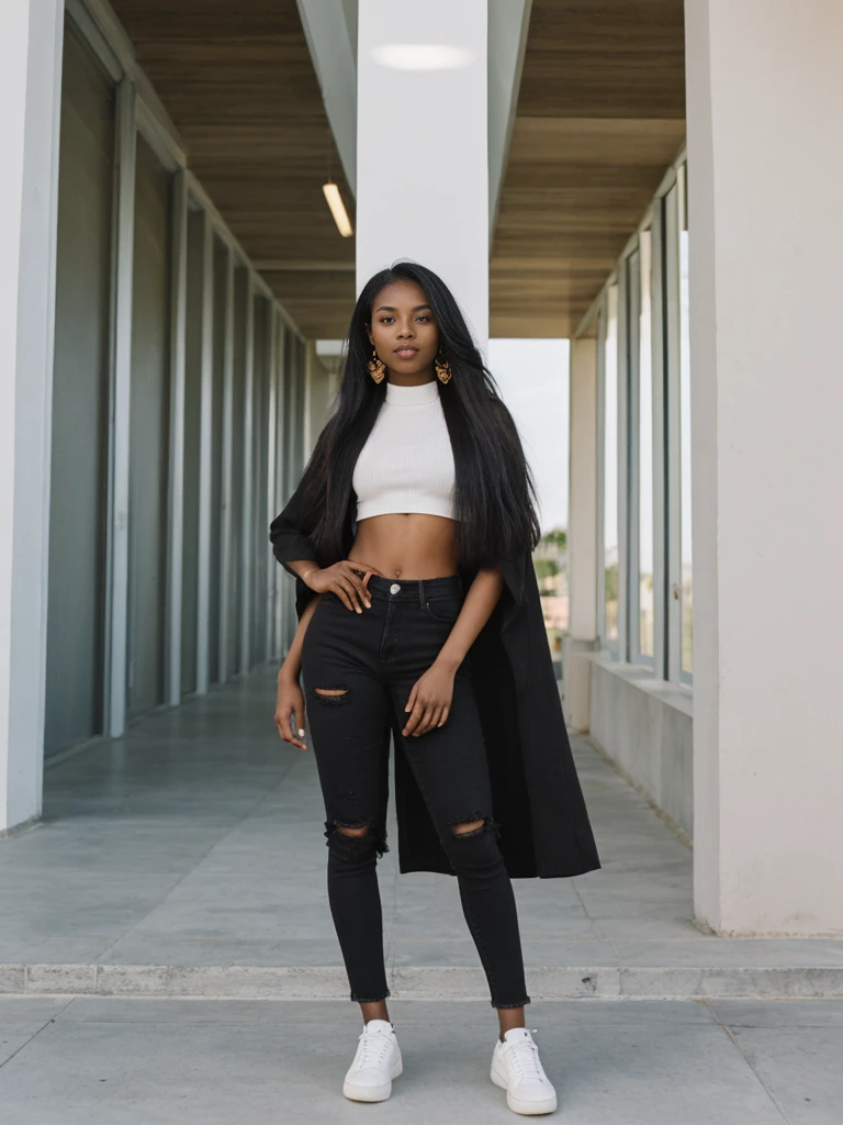 her name is Jamila, high quality, 1girl, ((20-year-old fit black woman)), ((25 years old)), ((slim)), long hair, pose: standing, wearing stylish fashionable Generation-Z modern wear different colored, BACKGROUND: outside: la union sea bay