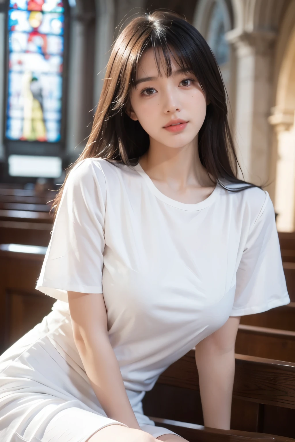 8K RAW Photos, Highest quality, masterpiece, Ultra-high resolution, 3d, Realistic, One girl, Asian, black_hair, White Dress, length_hair, nose, Natural skin texture, light brown_eye, detailed eyes and face, lips, lipstick, smile, Beautiful feet, Huge breasts, Beautiful inside of church location, (Detailed Background), White Dress, White shirt, Blurred Background, Short sleeve
