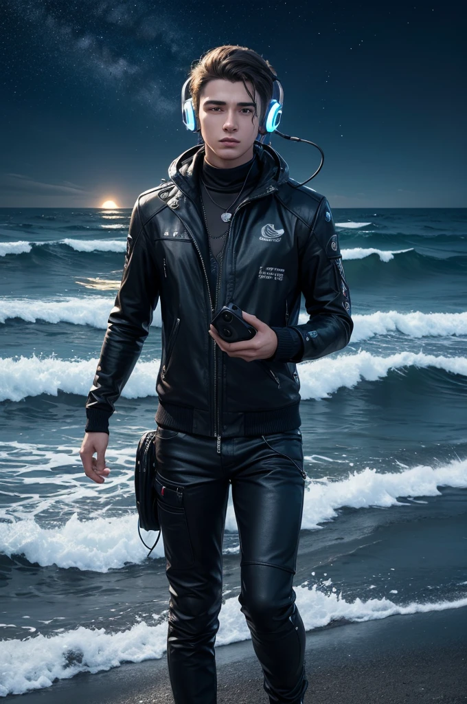 Create an ultra realistic three-dimensional 3D image of a young man with old hair, wearing headphones in a mega futuristic style, looking proud at the edge of the sea with lots of waves in the moonlight of the night with radiant stars