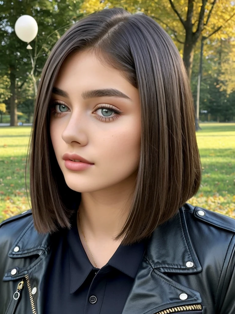 Beautiful 16-year-old girl, named Sofia, beautiful golden eyes, large detailed eyes, MID-HEIGHT bob long haircut, mermeland lips, sexy, detailed face, black jacket, in the background a park and a Russian roulette with balloons.