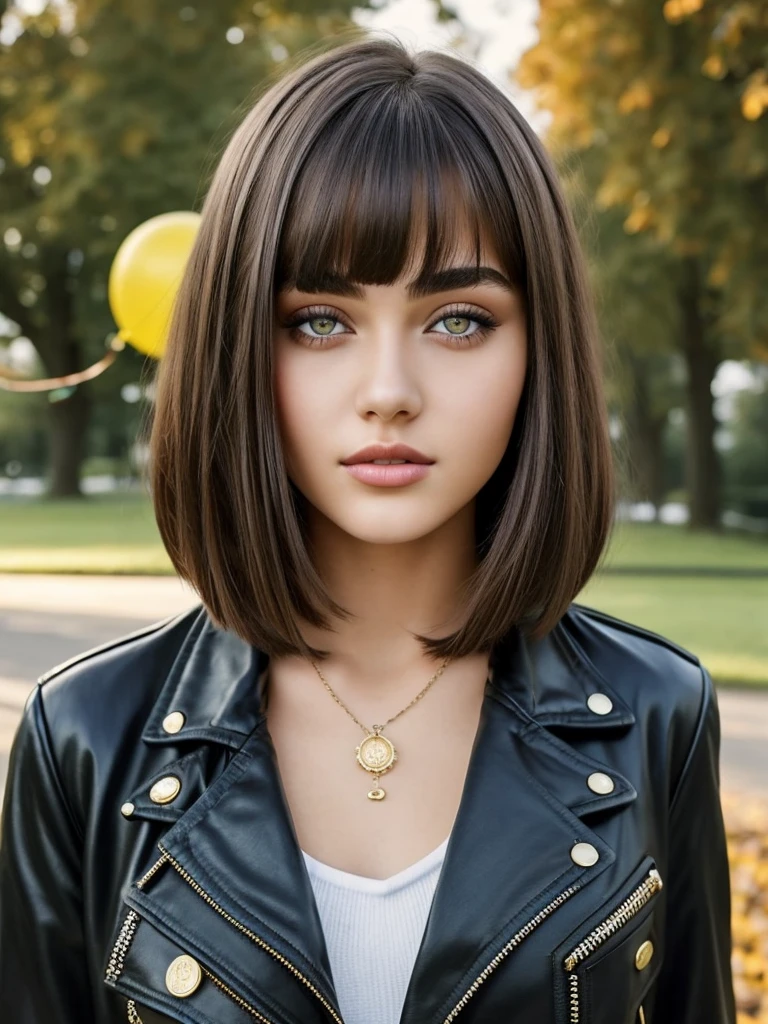 Beautiful 16-year-old girl, named Sofia, beautiful golden eyes, large detailed eyes, MID-HEIGHT bob long haircut, mermeland lips, sexy, detailed face, black jacket, in the background a park and a Russian roulette with balloons.