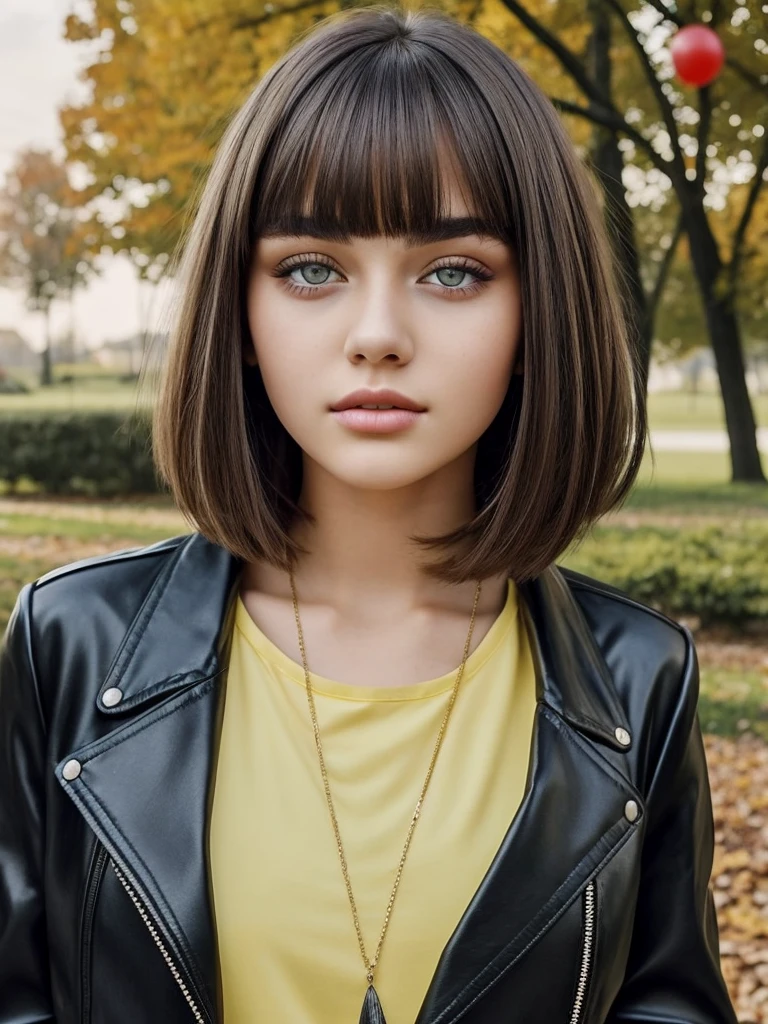 Beautiful -yeld gi named Sofia, beautiful golden eyes, large detailed eyes, MID-HEIGHT bob long haircut, mermeland lips, sexy, detailed face, black jacket, in the background a park and a Russian roulette with balloons.