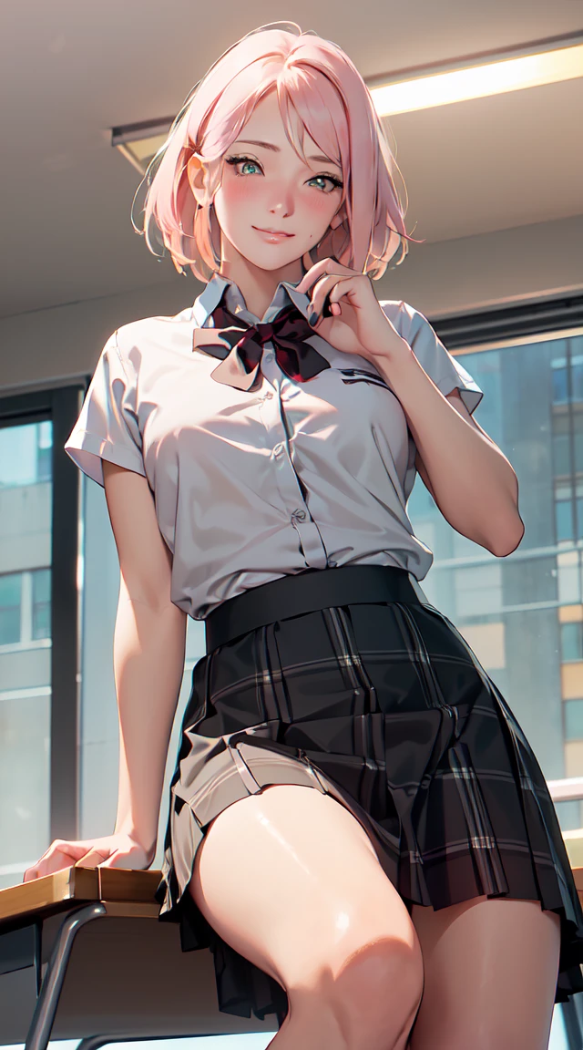 ((table top, highest quality, High resolution, perfect pixel, 4k ))), 1 girl, single, alone, beautiful woman、I could see the whole body、 ((short wavy hair, bangs, whitehair)), ((red eyes, beautiful eyelashes, realistic eyes)), ((detailed face, blush:1.2)), ((smooth texture:0.75, realistic texture:0.65, realistic:1.1, Anime CG style)), medium breasts, dynamic angle, perfect body, ((school uniform, white shirt, black skirt, unbuttoned shirt、plaid skirt、white socks)), classroom without people、sit at desk、..、evening、Very embarrassing panic smile、(lift the skirt with your right hand、open legs、open knees wide)、open legs, pussy visible, pussy line, beauty pussy, prefect pussy, (pink lace bra)、angle from below, masturbation,
(open legs、open knees wide, show your pussy), hairy pussy