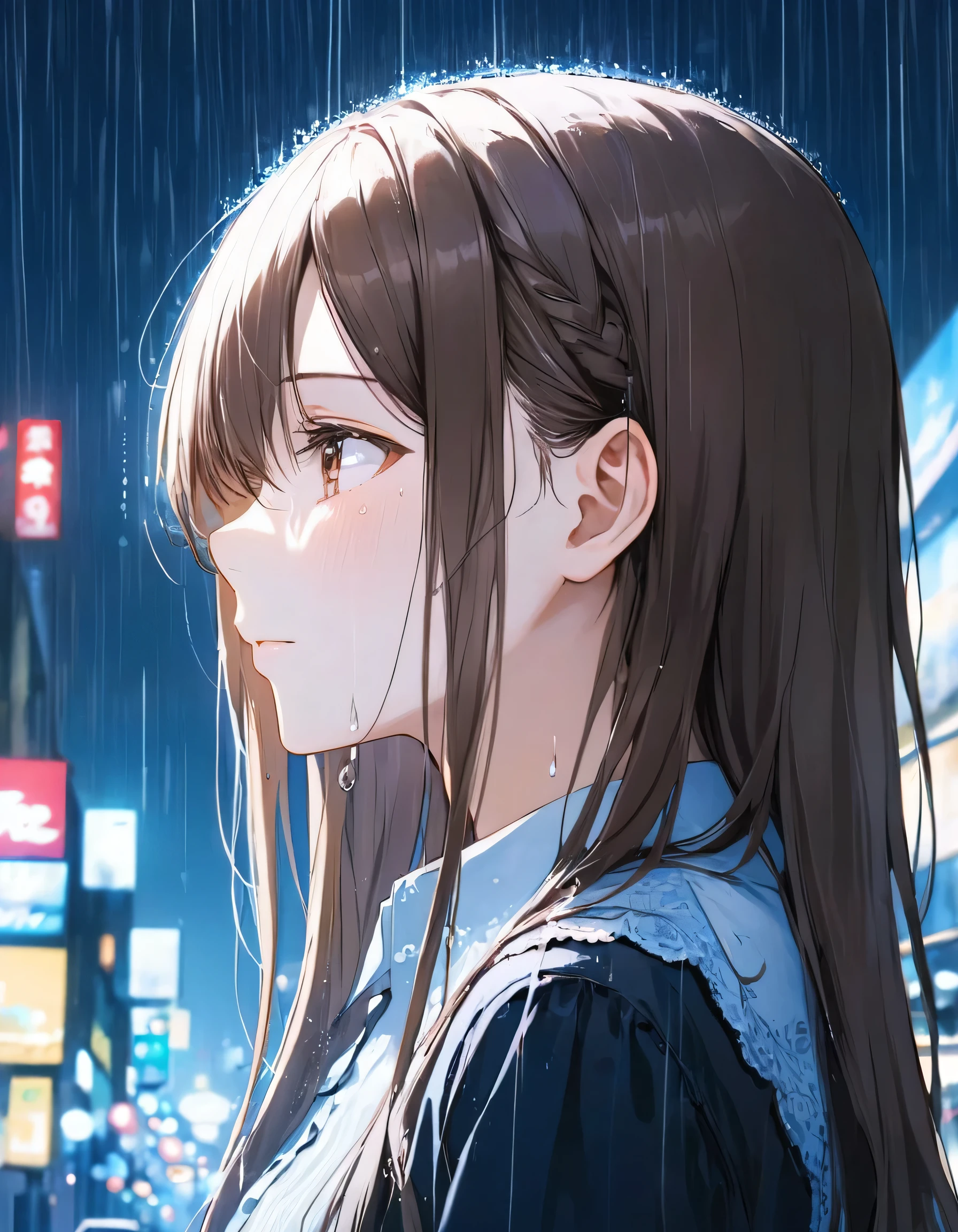 One Girl, profile, Look to the side, Written boundary depth, Long Hair, French Braid, Straight hair, Portraiture, Modern city, blouse, Brown Hair, look up, rain, raindrop, Lens flare, Rainy dark night sky、eyeliner, eye shadow, masterpiece, Highest quality、((close your eyes)),Let the tears flow,Distance at which the upper body is visible
