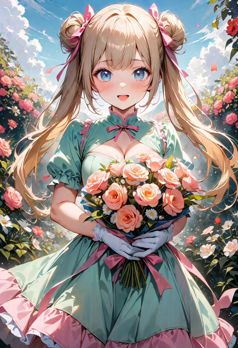 20 years old,1 girl,hyperrealistic, 8k, (extremely detailed 8k), (very delicate and beautiful), (masterpiece), (better quality:1.0), (ultra high resolution:1.0), (masterpiece, best quality), cute,blonde,cleavage cutout,(broen dress:1.3),(crop top navel:1),gleaming skin,twintails,twin bun,a pink ribbon on the head,long hair,pastel green frill Chinese-made dress,white long gloves,hold a bouquet of flowers,face and body straight at the camera,a bunch of flowers,POV,bust shot,white frill,puffy sleeves,surrounded by flowers,laugh with open mouth,tareme,sky blue eyes