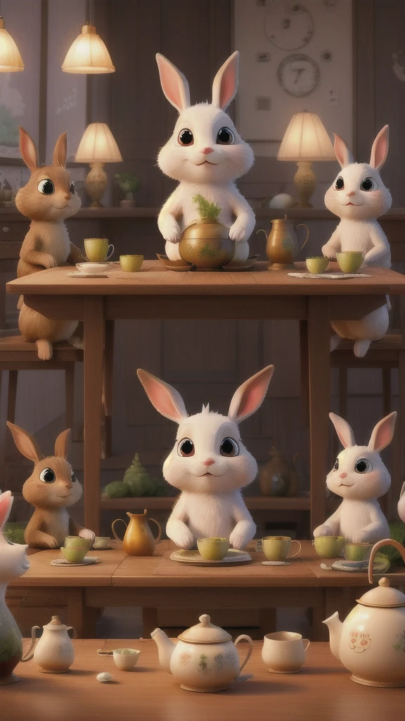 Several rabbits sitting around the table,Drinking steaming tea,Looks very angry
