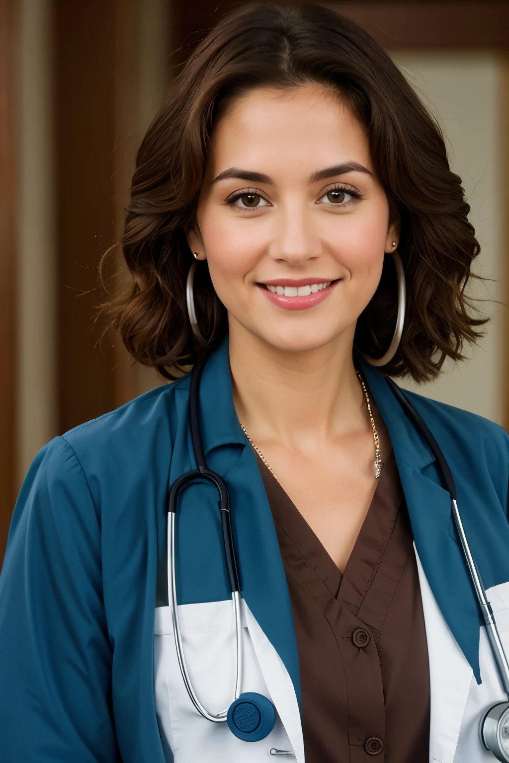 Create a Disney-style image of a 42-year-old doctor, brown hair and brown eyes, with stethoscope and gown