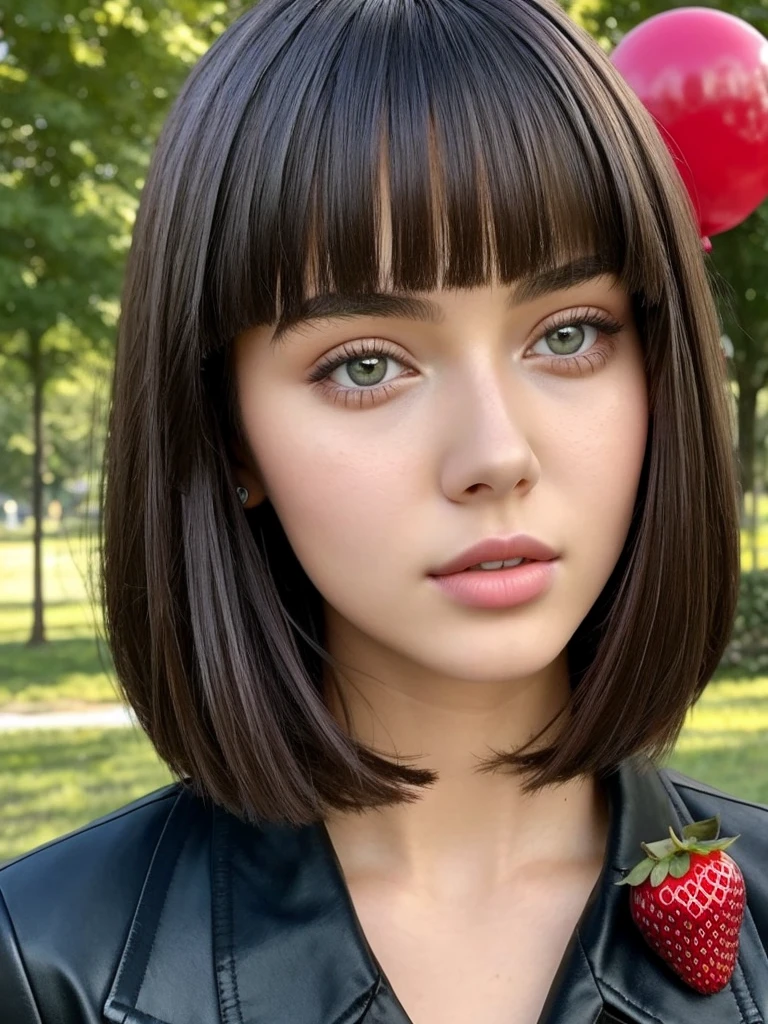 Beautiful 16-year-old girl, named Sofia, beautiful golden eyes, large detailed eyes, MID-HEIGHT bob long haircut, strawberry lips, sexy, detailed face, black jacket, in the background a park and a Russian roulette with balloons.