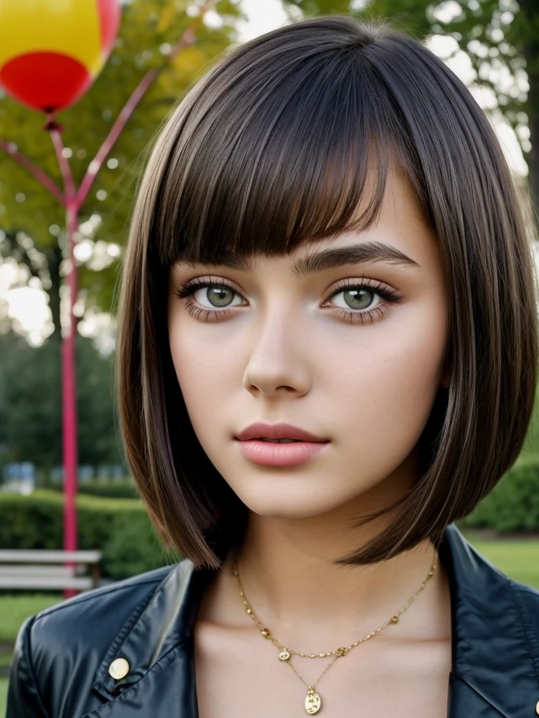 Beautiful 16-year-old girl, named Sofia, beautiful golden eyes, large detailed eyes, MID-HEIGHT bob long haircut, strawberry lips, sexy, detailed face, black jacket, in the background a park and a Russian roulette with balloons.