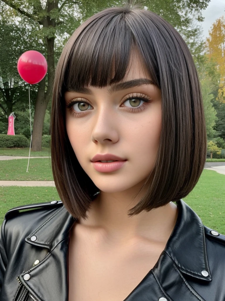 Beautiful , named Sofia, beautiful golden eyes, large detailed eyes, MID-HEIGHT bob long haircut, strawberry lips, sexy, detailed face, black jacket, in the background a park and a Russian roulette with balloons.