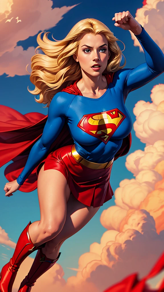 Young female, with blonde hair, wearing a tight blue long-sleeved shirt with the Superman symbol on the chest, defined breasts, wearing a red skirt and red boots, Wearing a red cape and flying in the sky