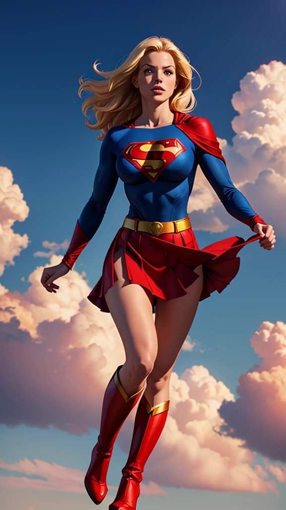 Young female, with blonde hair, wearing a tight blue long-sleeved shirt with the Superman symbol on the chest, defined breasts, wearing a red skirt and red boots, Wearing a red cape and flying in the sky