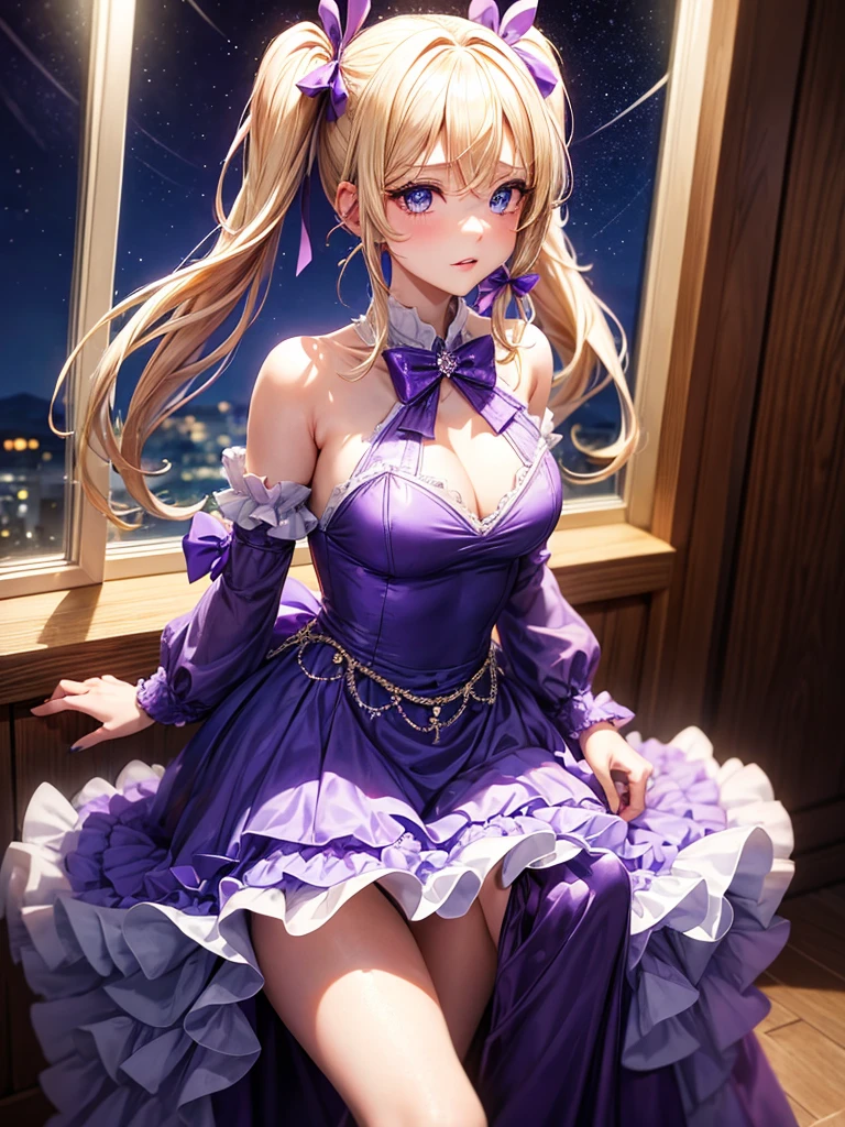 an adult woman, blonde with two pigtails with a purple bow each, purple dress with glitter, short and gala, with an opening in its pirrna, she has blue eyes, is at a late night dinner in a wealthy place
