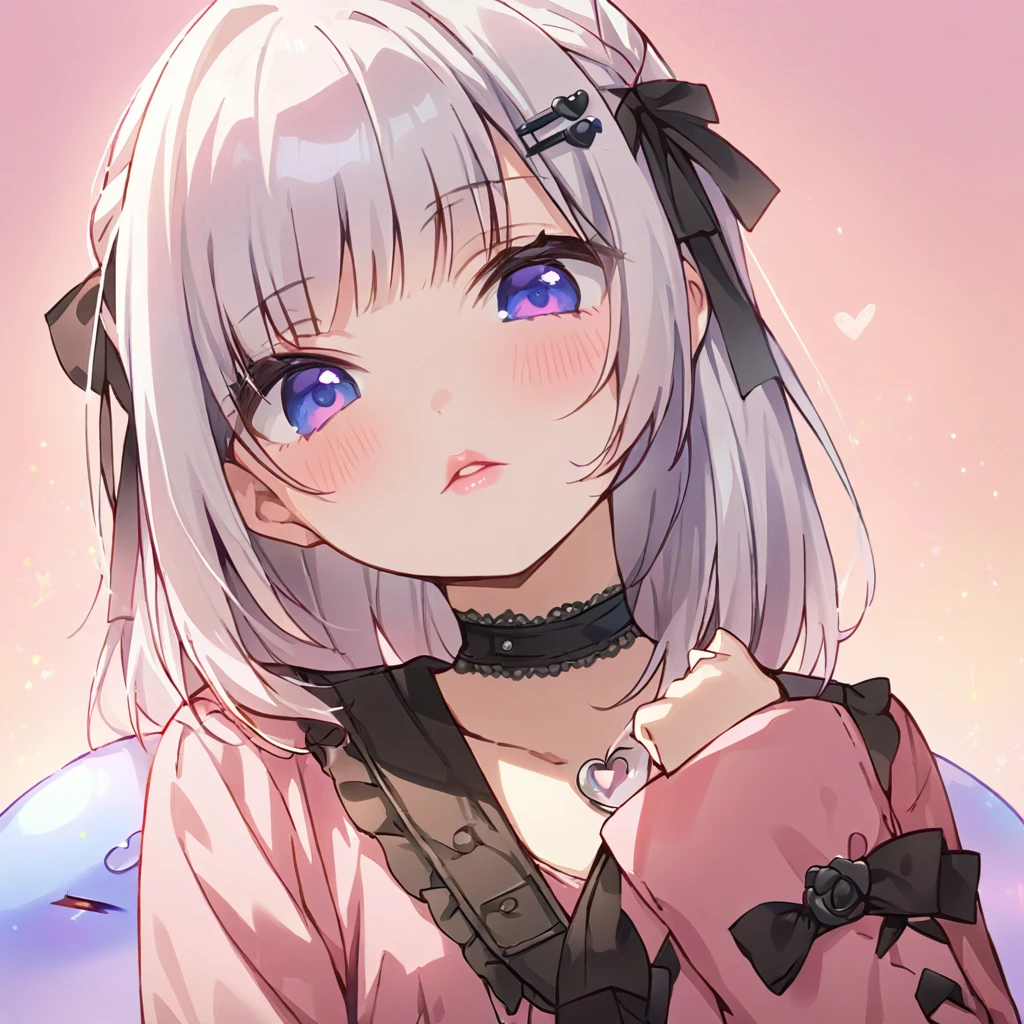 a masterpiece, beautiful eyes, a beautiful face, beautiful depiction, details, ultra detailed, 8K,kawaii, mesugaki, fangs, 
light atmosphere, (Cute a girl:1.5), (a girl with closs hair pin,
pink shirt,cosplay, jirai kei, bangs, black skirt, black bow, looking at viewer, bow, long sleeves, choker, ribbon,pink lips,Thick-soled boots,portrait  shot :1.4),boots focus,
(masterpiece:1.3), anime visual, (Lovey-dovey:1.5), (tilt head:1.3), extremely delicate face, soft clean focus, realistic lighting and shading, (an extremely delicate and beautiful art:1.3),
a lavender-colored slime girl is wrapping a white-haired, blue-eyed girl in her own body, both of them with expressions of ecstasy.