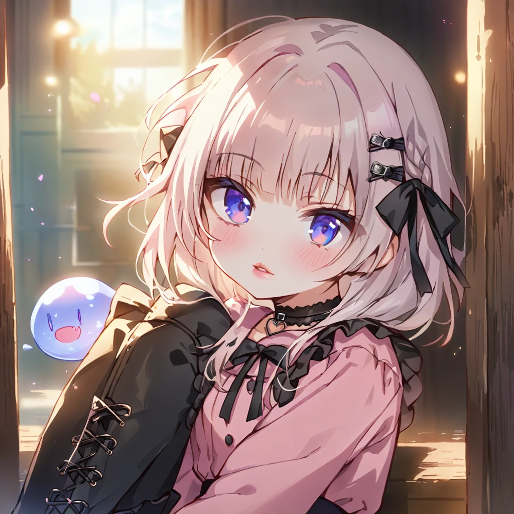 a masterpiece, beautiful eyes, a beautiful face, beautiful depiction, details, ultra detailed, 8K,kawaii, mesugaki, fangs, 
light atmosphere, (Cute a girl:1.5), (a girl with closs hair pin,
pink shirt,cosplay, jirai kei, bangs, black skirt, black bow, looking at viewer, bow, long sleeves, choker, ribbon,pink lips,Thick-soled boots,portrait  shot :1.4),boots focus,
(masterpiece:1.3), anime visual, (Lovey-dovey:1.5), (tilt head:1.3), extremely delicate face, soft clean focus, realistic lighting and shading, (an extremely delicate and beautiful art:1.3),
a lavender-colored slime girl is wrapping a white-haired, blue-eyed girl in her own body, both of them with expressions of ecstasy.