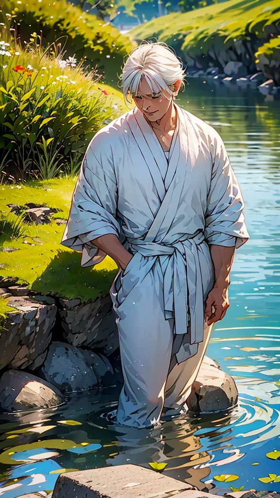 Create a high-quality anime-style image featuring an elderly man standing on a rocky cliff by the sea. The man has white hair, a beard, and is wearing round glasses. He is dressed in a white shirt, beige pants rolled up at the ankles, and white sneakers. His posture is relaxed, with his hands in his pockets, gazing thoughtfully into the distance.

The background consists of a clear blue sky filled with fluffy, white clouds. Below the cliff, there is a calm sea with boats and a small coastal village nestled at the foot of green, mountainous terrain. The scene captures a peaceful, reflective moment, with vibrant colors and detailed shading to emphasize the tranquil and contemplative atmosphere.