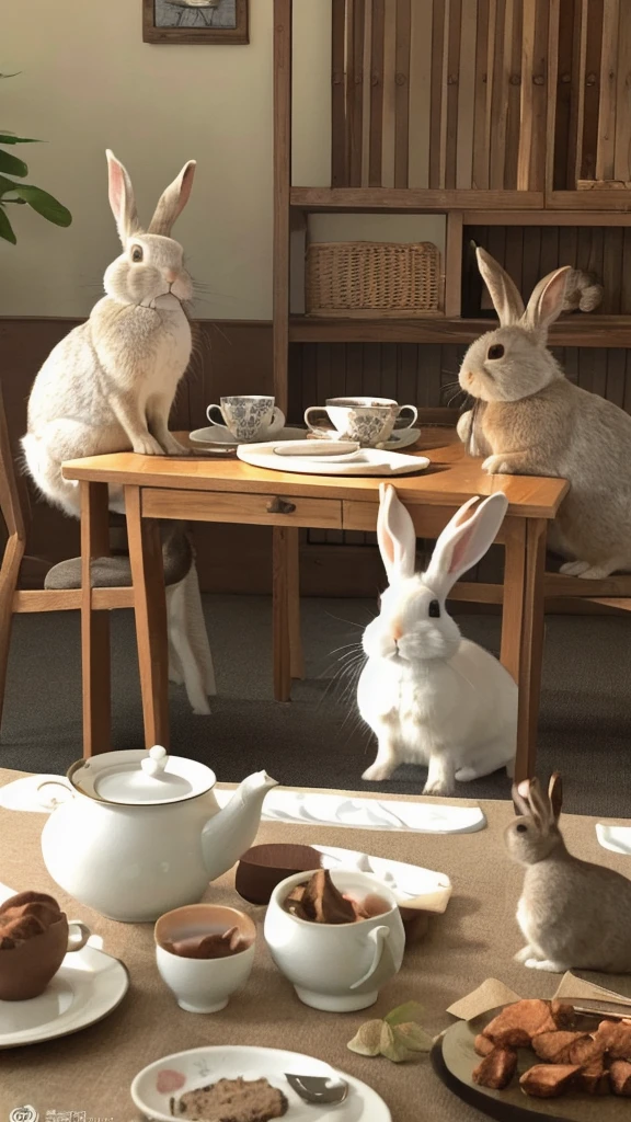 Several rabbits sitting around the table，Drinking steaming tea，Very happy look