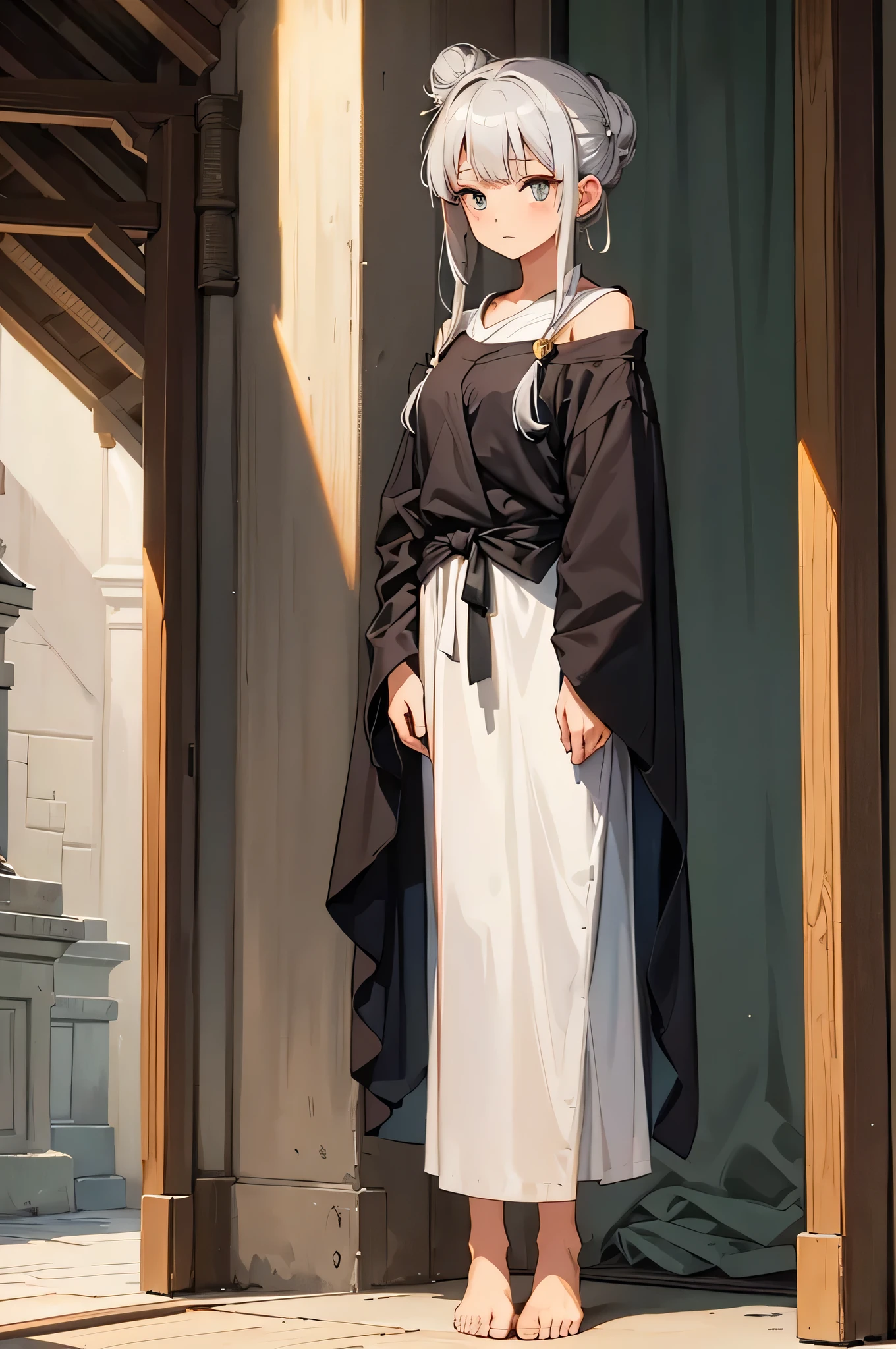 An image of Hana, with silver hair tied in a bun and wearing a simple but elegant robe, standing and using the story to teach others about understanding and compromise, with attentive villagers listening. (masterpiece, hd, best quality, 2d)