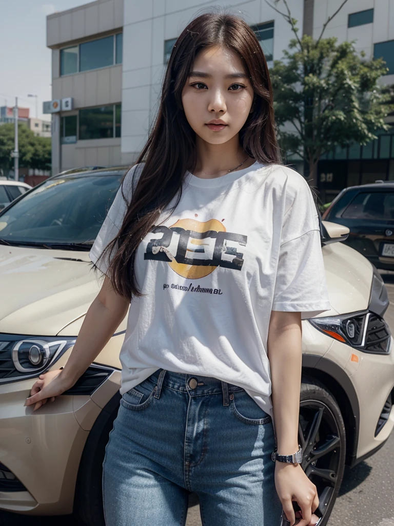 a 23 year old Korean woman with long hair, wearing a white shirt with writing "the queen's of bangtan" In his chest, wearing jeans with a Hyundai car in the background behind him