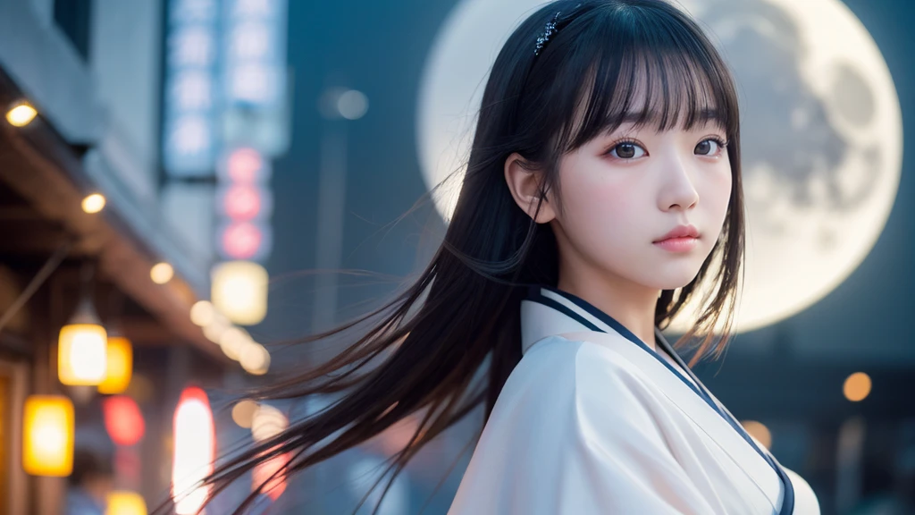 One girl, Beautiful Face, ((White eyes)), Kimono pose, Front facing,Crescent moon in the background, performer, space, (Lightroom:1.13), Soft Light, (Natural skin texture:1.2), (Hyperrealism:1.2), Sharp focus, Concentration,[[Realistic]]