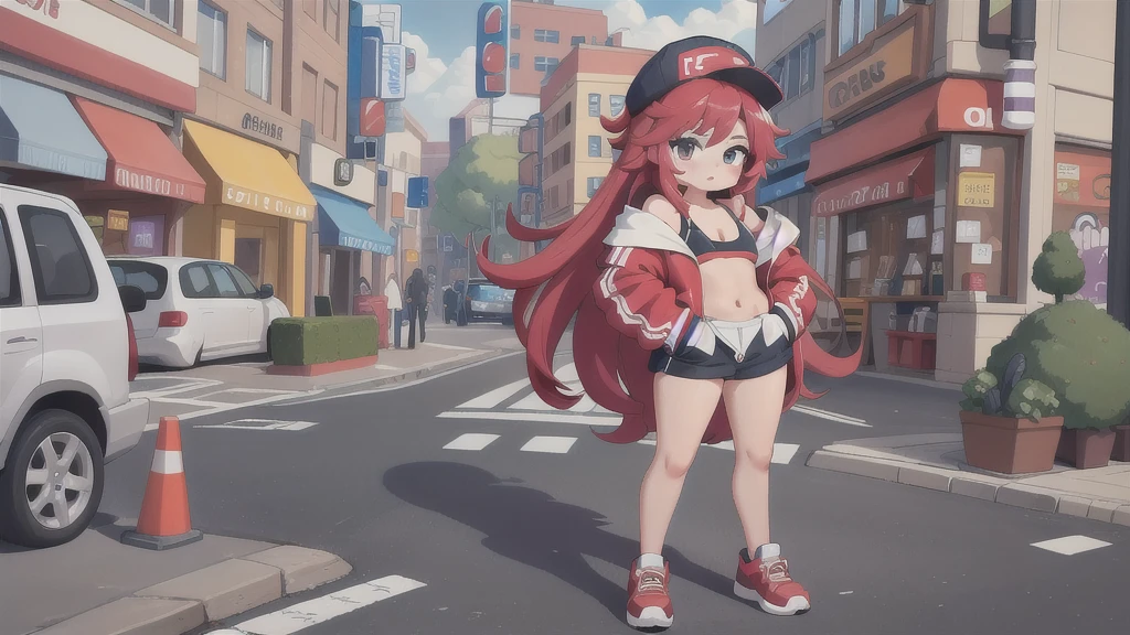 masterpiece,1girl,solo,long hair,bikini, Red hair,hoodie,off shoulder:1.2, mob cap, street,hand on hip, hand in pocket,