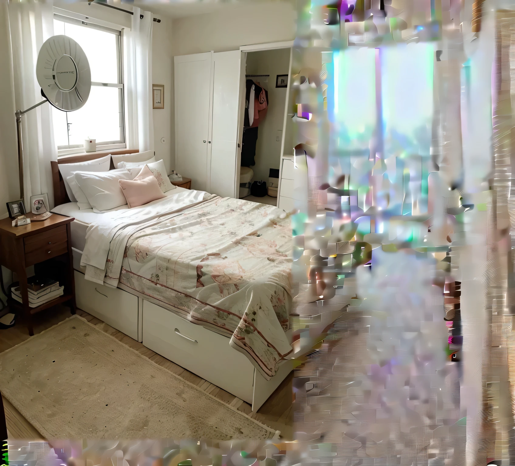 add a bookshelf, a mirror, a fan in the ceiling