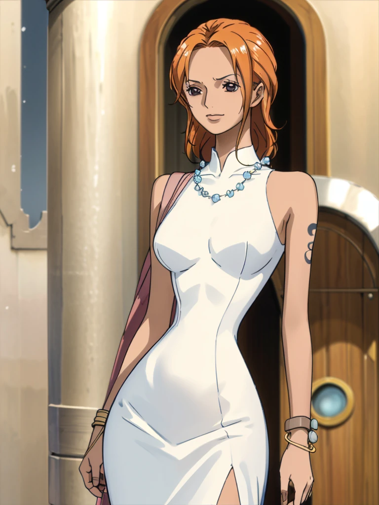 Best quality, 4k, high resolution, body stuck dress, perfect smile, gorgeous, light skin, (ichigo),ornage hair, wearing bodystuck long dress,(long sheeves), clothes are stuck in body, bodyfit outfit,1 girl, solo, seductive look, elegance and charm, (masterpiece, best quality, high resolution), looking at the viewer, standing, (intricate and beautiful:1.2), (detailed light:1.2), (soft light, side light), (high resolution textures) , holding leash in hand(chain leash), outdoor, Burmese girl,wearing bodcorn dress(white colour) with pink line ,wearing gorgeous jewelary, wearing harness over the outfit ,outdoor background, sun light, attractive, sexy, mature and hot, young,(masterpiece:1.3), (disorganized:1.3), (highest quality:1.3), perfect anatomy, detailed face, front view, perfect right hands, looking at viewer, (Super detailed:1.3), (best shadow:0.7), (treated hair), fine eyes, beautiful eyes, young aged woman, alone, standing, crystal earrings,closed_mouth, , outdoors,Thick thighs, arrogant face, small