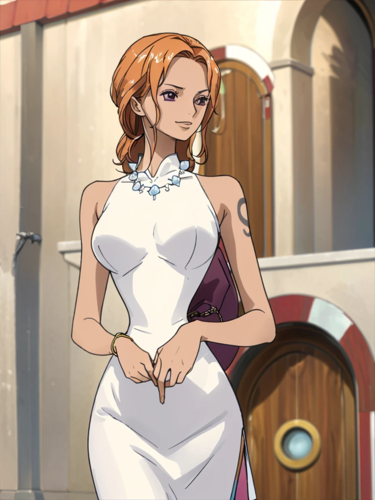 Best quality, 4k, high resolution, body stuck dress, perfect smile, gorgeous, light skin, (ichigo),ornage hair, wearing bodystuck long dress,(long sheeves), clothes are stuck in body, bodyfit outfit,1 girl, solo, seductive look, elegance and charm, (masterpiece, best quality, high resolution), looking at the viewer, standing, (intricate and beautiful:1.2), (detailed light:1.2), (soft light, side light), (high resolution textures) , holding leash in hand(chain leash), outdoor, Burmese girl,wearing bodcorn dress(white colour) with pink line ,wearing gorgeous jewelary, wearing harness over the outfit ,outdoor background, sun light, attractive, sexy, mature and hot, young,(masterpiece:1.3), (disorganized:1.3), (highest quality:1.3), perfect anatomy, detailed face, front view, perfect right hands, looking at viewer, (Super detailed:1.3), (best shadow:0.7), (treated hair), fine eyes, beautiful eyes, young aged woman, alone, standing, crystal earrings,closed_mouth, , outdoors,Thick thighs, arrogant face, small 