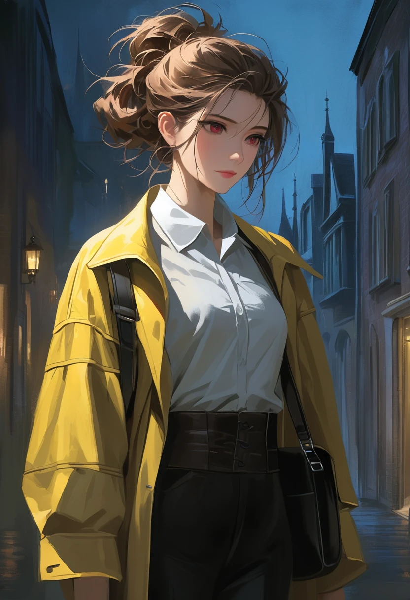 ((adult)), (woman), ((tall)), masterpiece, best quality, dark aura, brown hair, ((updo hair)), (messy hair) , ringed dark red eyes, plain white shirt, Yellow coat, black pants, carrying a big waist leather bag, (faint smile), realistic anime style, (oil painting), dark old manor background, night, impasto.