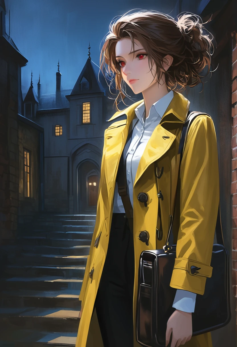 ((adult)), (woman), ((tall)), masterpiece, best quality, dark aura, brown hair, ((updo hair)), (messy hair) , ringed dark red eyes, plain white shirt, Yellow coat, black pants, carrying a big waist leather bag, (faint smile), realistic anime style, (oil painting), dark old manor background, night, impasto.