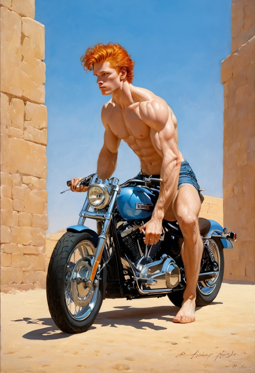  he is a ridding a pastel blue harley davidson motorcycle wide open legs, in the backgroound, pastel color dalle fantacy composition 1 ginger man ridding a blue light pastel harley motorcycle in a dalle scene by Aaron Horkey and Jeremy Mann, masterpiece, best quality, Photorealistic, ultra-high resolution, photographic light, illustration by MSchiffer, fairytale, Hyper detailed A mixture of photography and painting, simetryc Composition, Perfect Divine Proportione, 8k resolution fullbody image,(( view from front)) full body, oil painting A young man, white skin, ginger, barbed, hairy body, thin face, straight nose, thin lips, square chin, large light blue eyes, short red wavy hair, in roberto ferri style, aesthetic slim athletic body, ginger realistic skin, gorgeous, detailed tonned muscles, barefoot, perfect anatomy, muscled fitness body, Young man, perfect anatomy, , energetic splendid, Barefoot, naked, small flacid penis, slim and detailed muscles, shirtless, pantless, fullbody, wearing white lace breeches briets , bulge, sandals, the composition of shadows and lights give an atmosphere of spaciousness,
