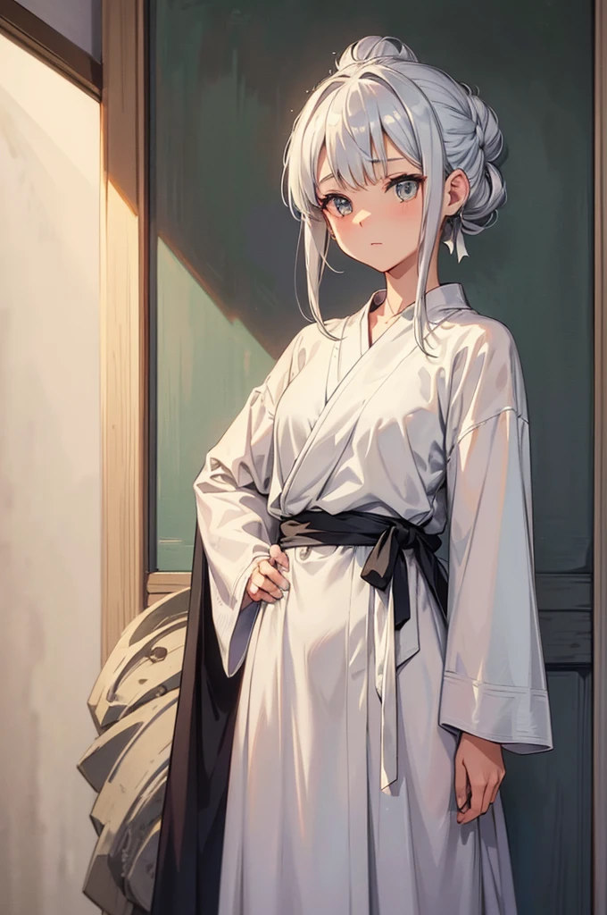An image of Hana, with silver hair tied in a bun and wearing a simple but elegant robe, standing and using the story to teach others about understanding and compromise, with attentive villagers listening. (masterpiece, hd, best quality, 2d)